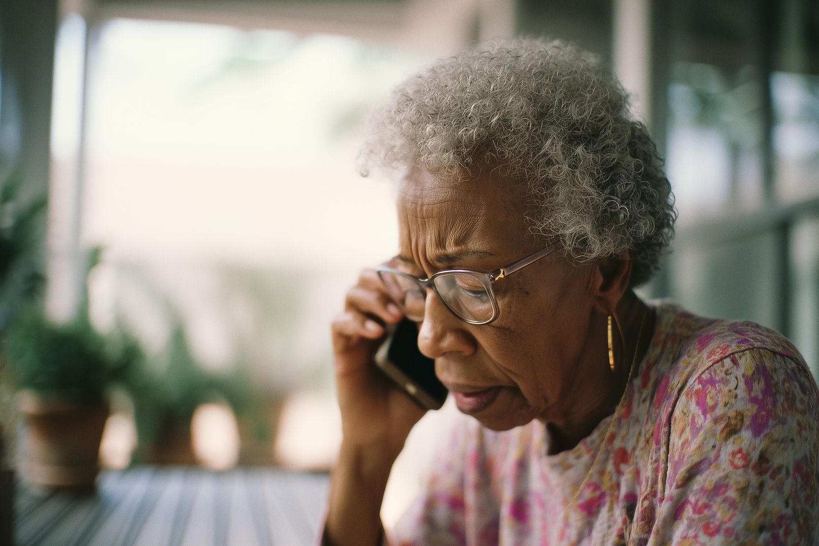 Senior woman looks concerned talking on smartphone to a scammer.